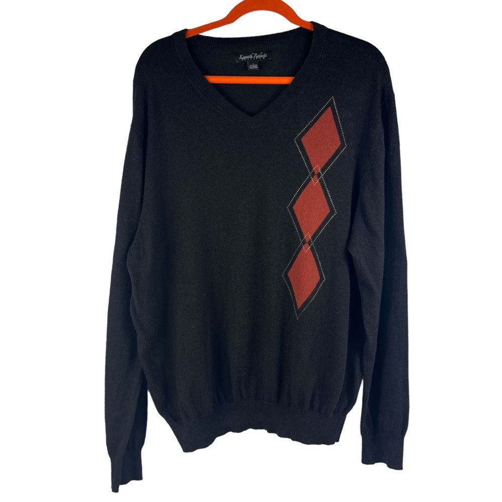Kenneth Roberts Platinum Argyle Cotton Cashmere Blend Sweater V Neck Large